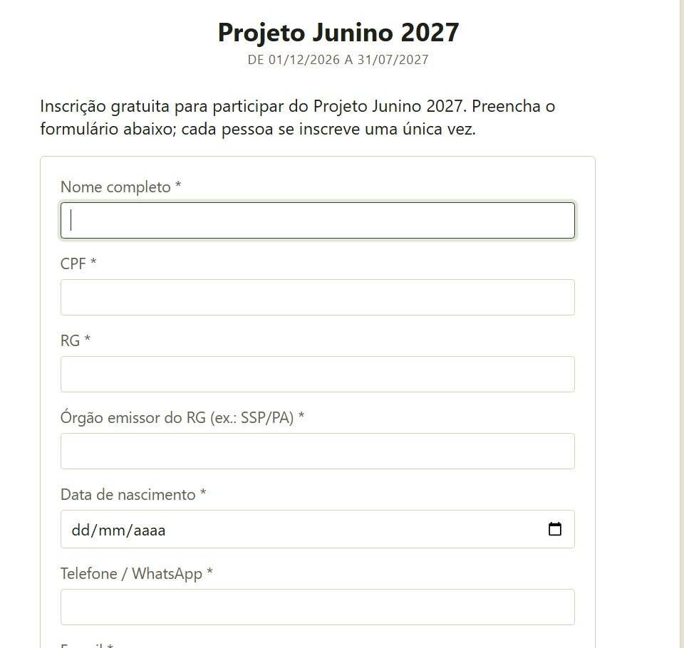 Formulário de inscrição do Projeto Junino 2027, aberto e gratuito