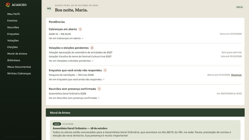 Área do sócio no painel, com as pendências de cobrança, votações, enquetes e reuniões, em dados de demonstração