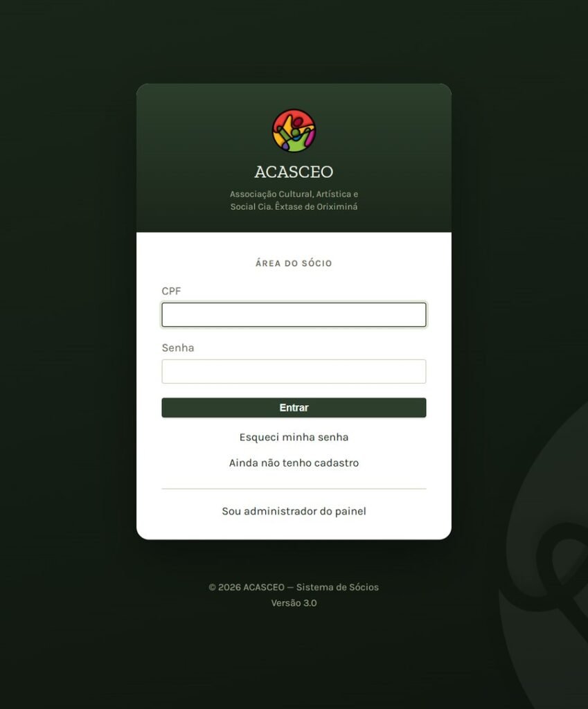 Tela de entrada da área do sócio no painel da ACASCEO, com campos de CPF e senha