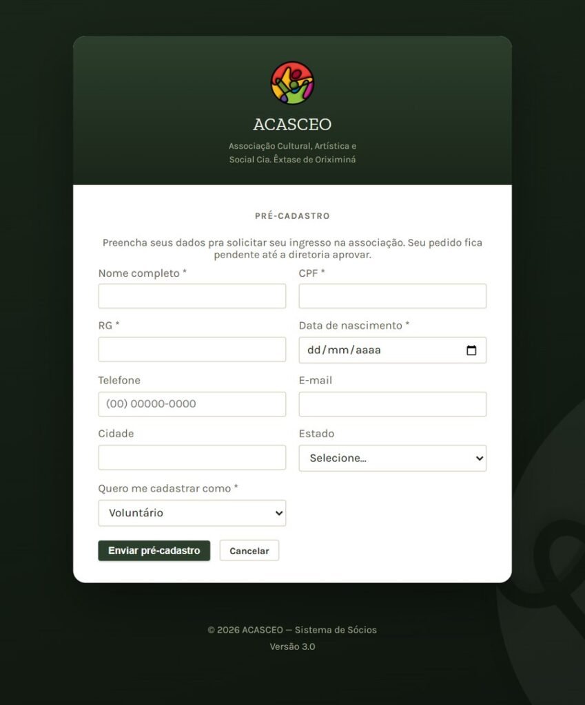 Formulário de pré-cadastro do painel da ACASCEO, com nome, CPF, contato e o tipo de vínculo com a associação