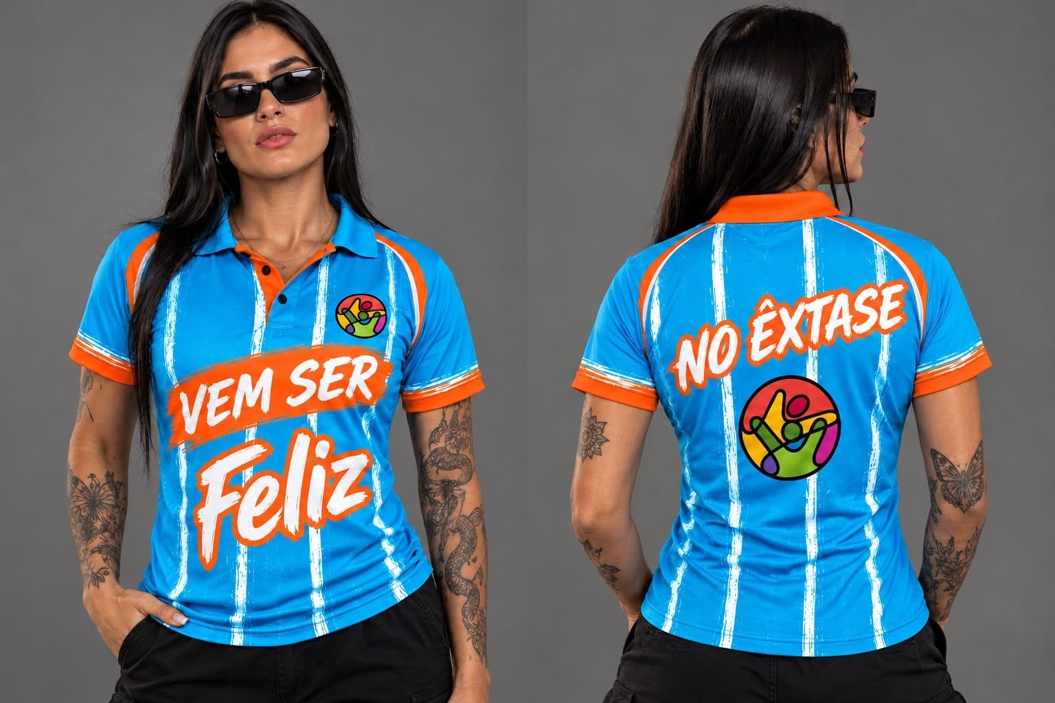Camisa polo personalizada ACASCEO modelagem feminina, frente e costas