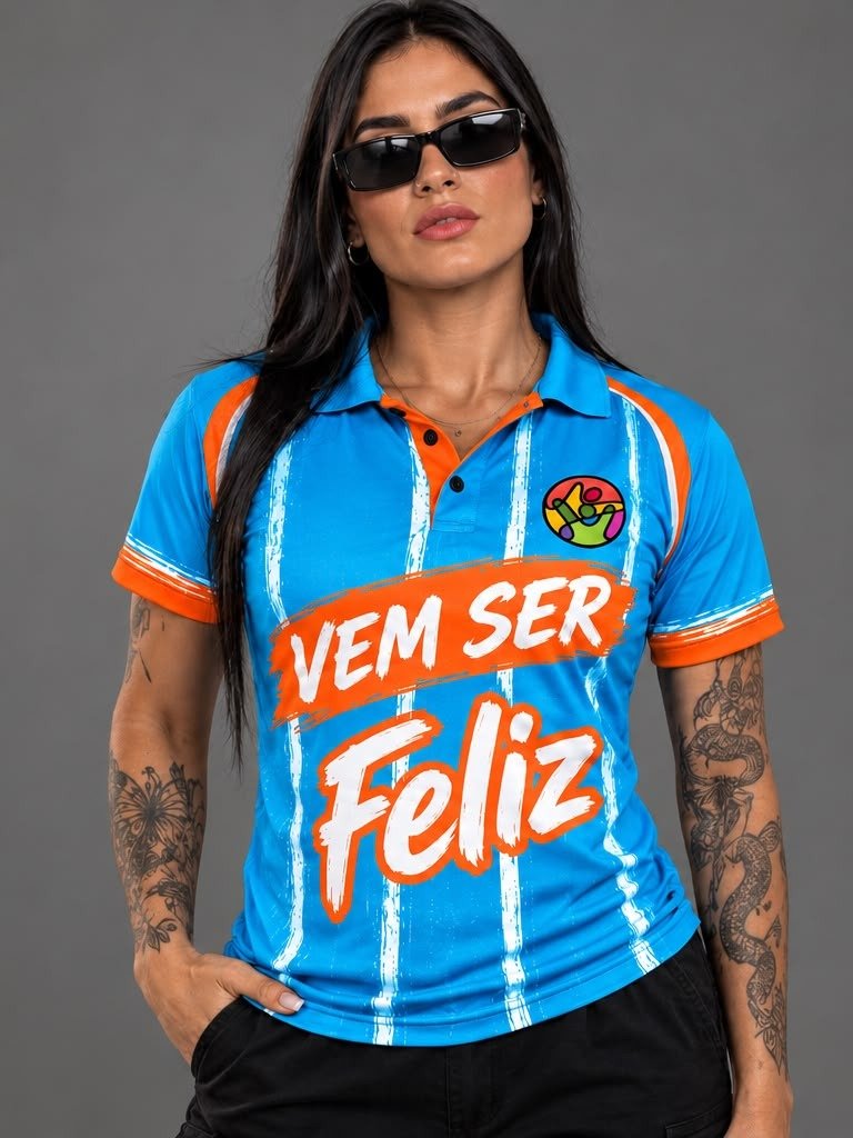 Camisa polo personalizada ACASCEO azul e laranja, vista frontal