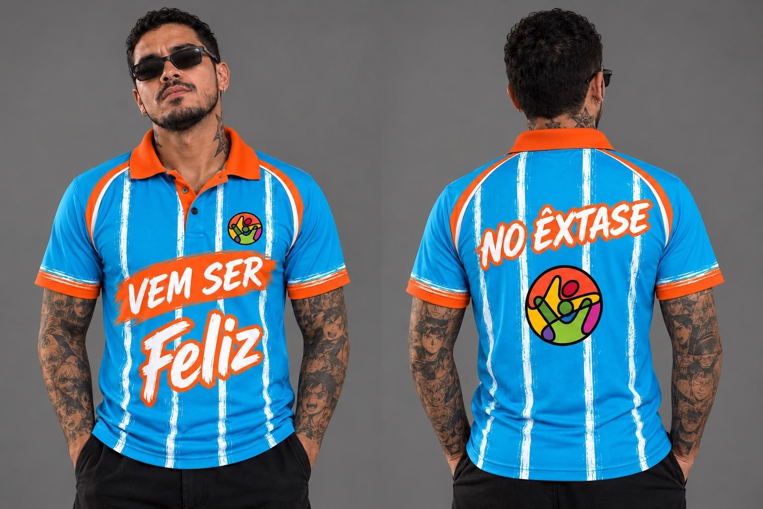 Camisa polo personalizada ACASCEO modelagem masculina, frente e costas