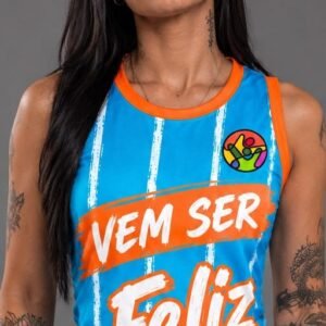 Camisa regata personalizada ACASCEO azul e laranja, vista frontal